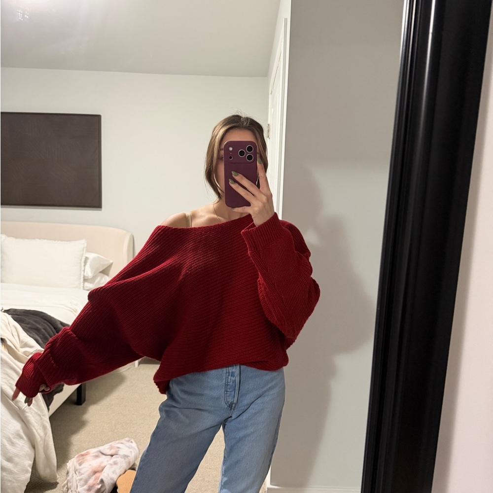 Off the Shoulder Red Sweater - Picture 2 of 4